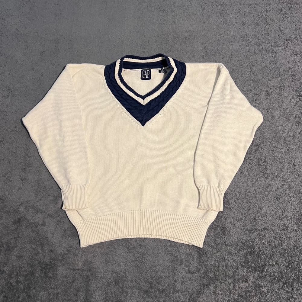 Vintage 90s Gap Mens V-Neck Cable Knit Trim Cricket Sweater Size Medium